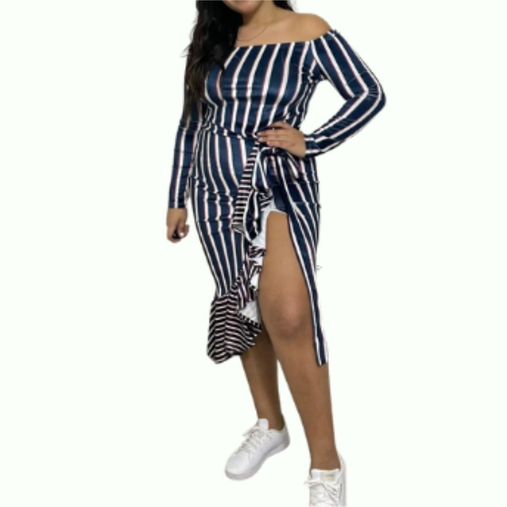 127.  NEW!!  Women's Velvet Asymmetric Striped Midi Dress